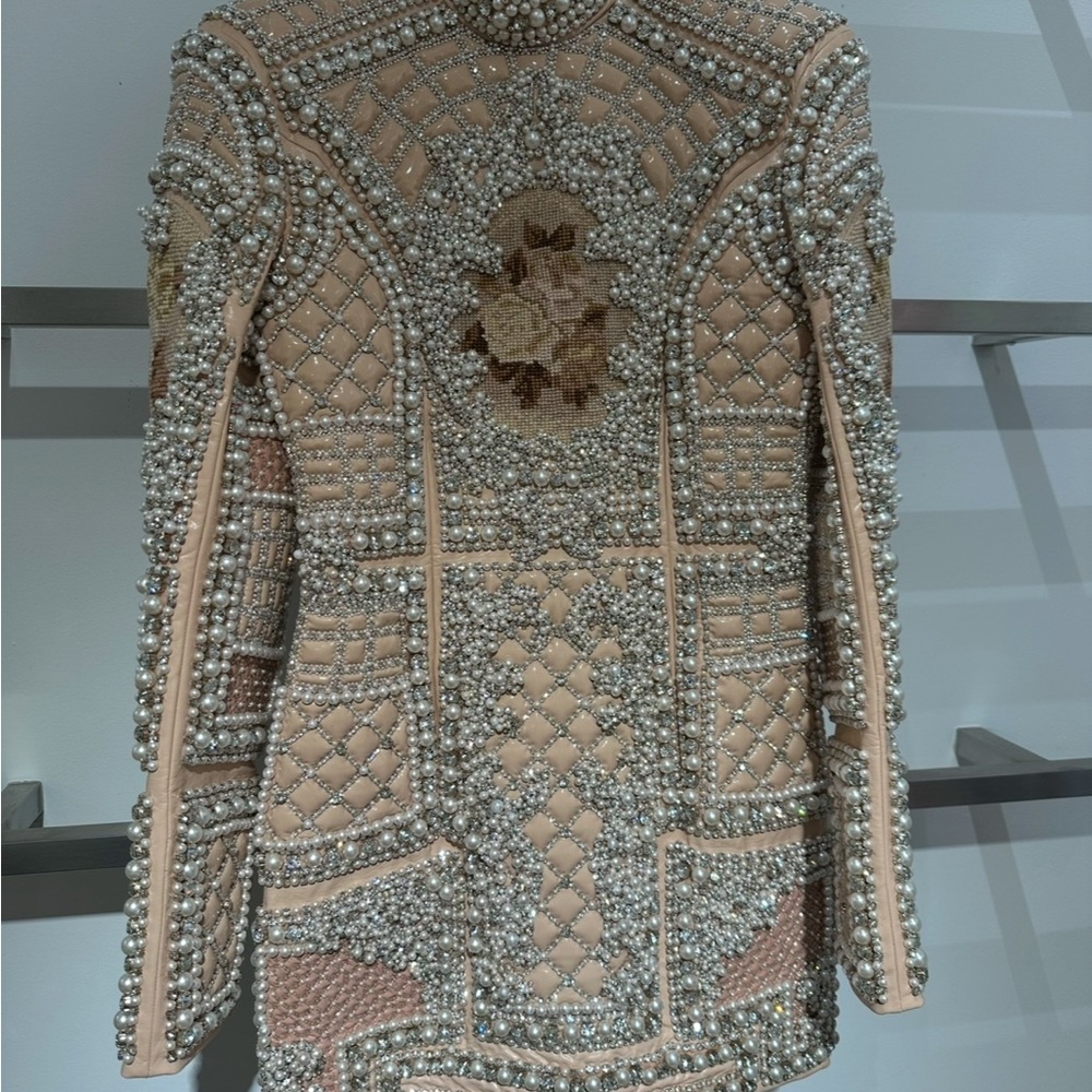 Balmain Pearl Embellished Mini Dress--Spring 2022 Collection in Beige and Silver